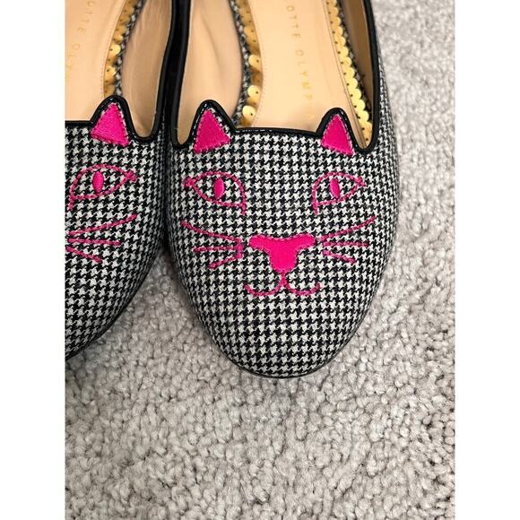 Charlotte Olympia Houndstooth Slip On Kitty Loafer Flats Black/White Womens 36.5 - Picture 6 of 11